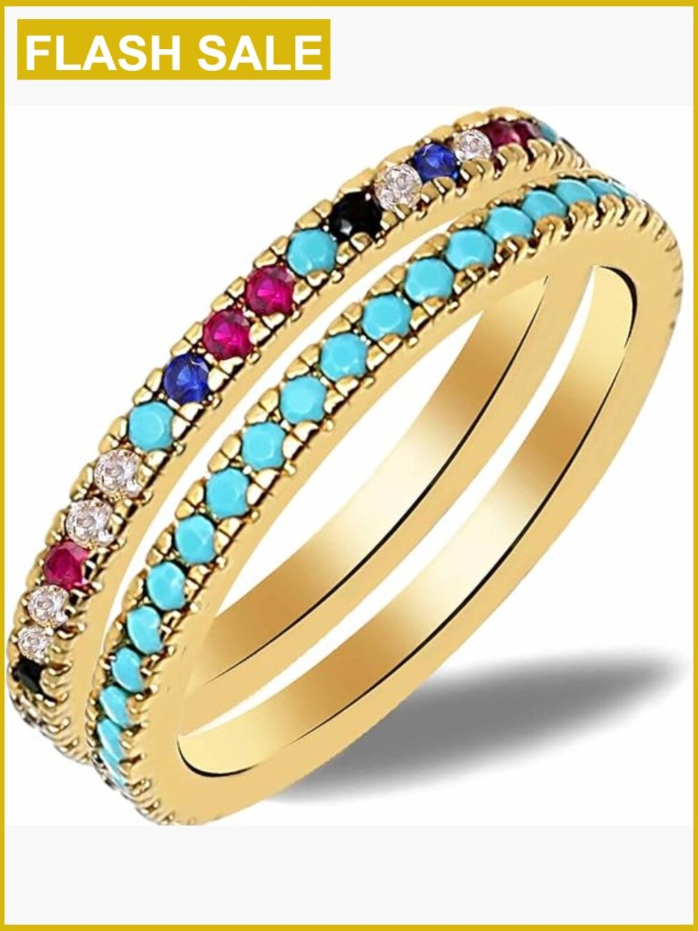 14k Gold Plated Stacking Ring Set 2pc Half Eternity Round CZ Pave